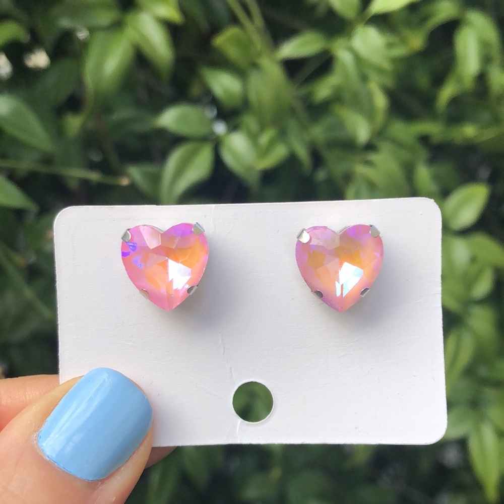 Pink AB Crystal Heart Earrings - Picture 5 of 6